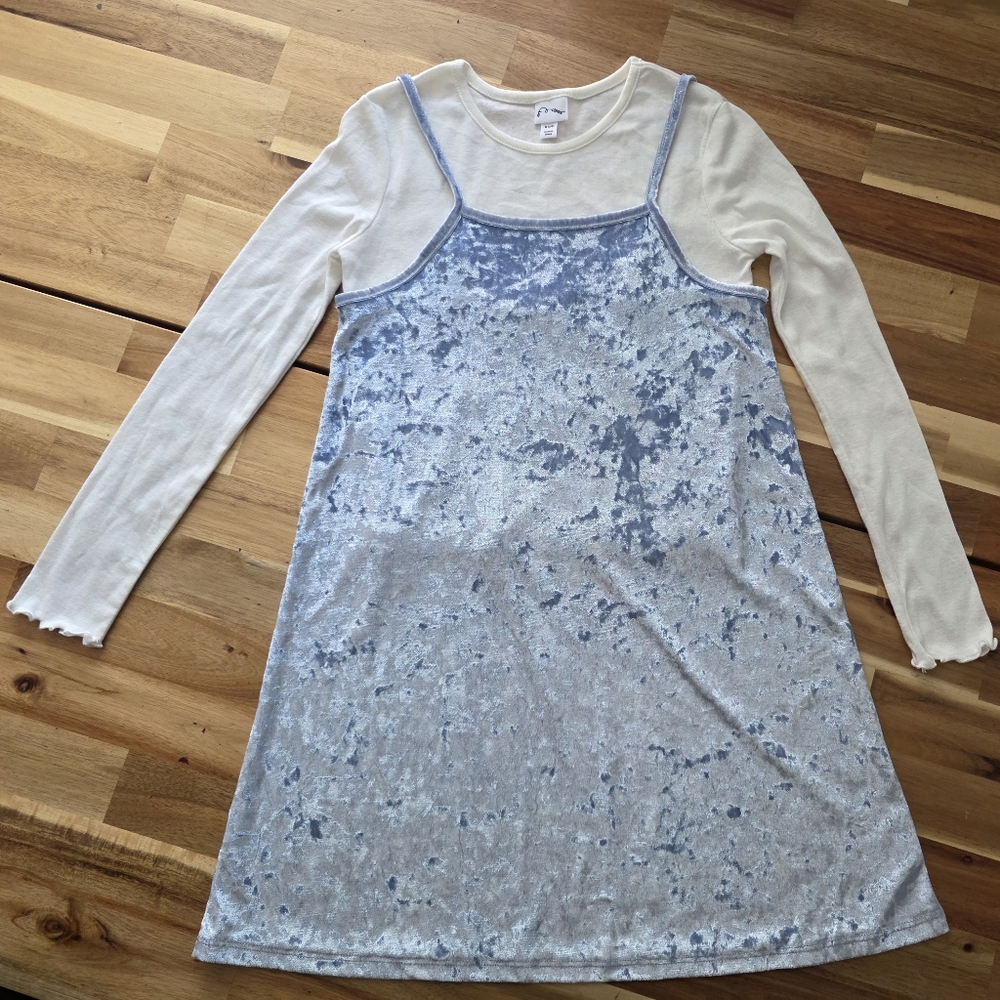 Baby Blue Velvet Slip Dress with White Long Sleeve Top